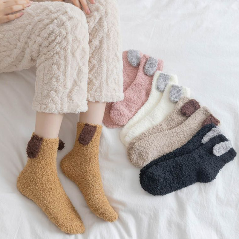 일본 3D 토끼 귀 산호 벨벳 양말 여자 집 반 벨벳 바닥 양말